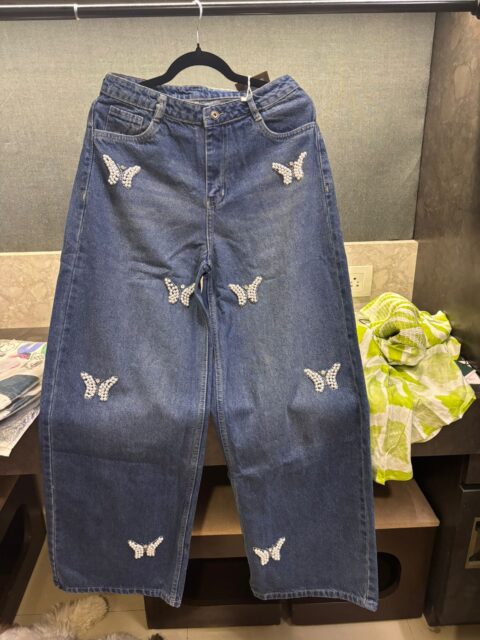 Pearl Butterfly Wide-Leg Denim Jeans