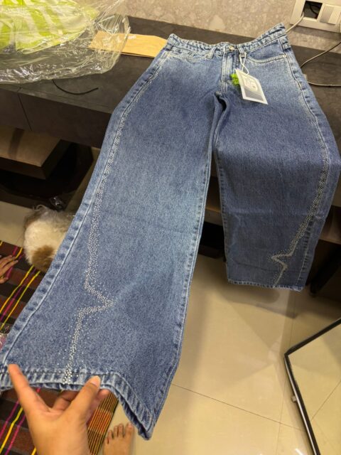 Rhinestone Side Detail Wide-Leg Denim Jeans