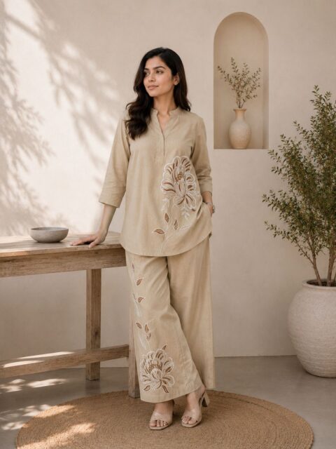 Beige Floral Embroidered Co-Ord Set