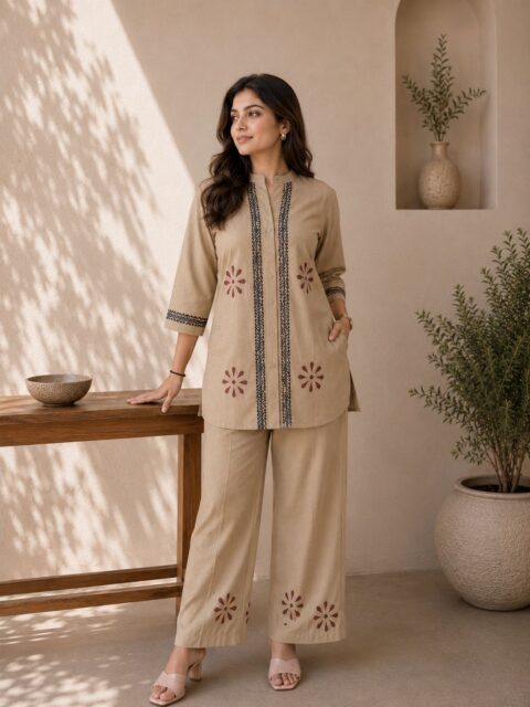 Beige Panel Floral Co-Ord Set