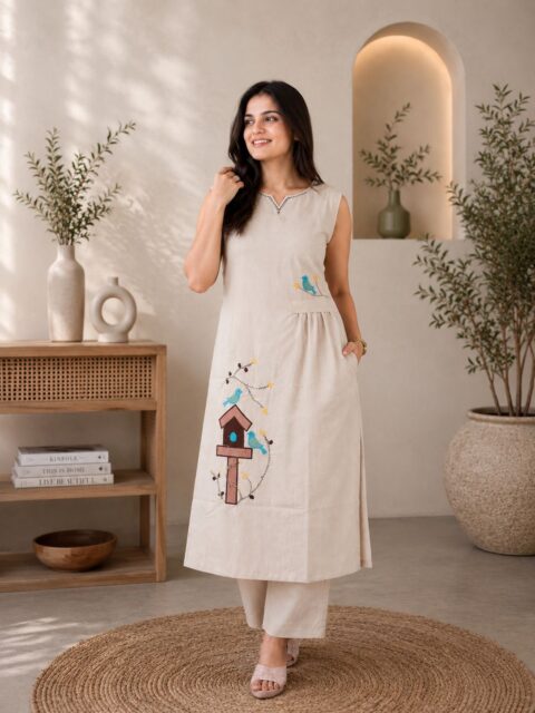 Ivory Birdhouse Sleeveless Kurta Set