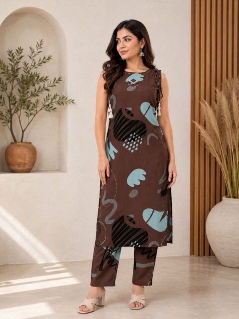 Brown Abstract Sleeveless Kurta Set