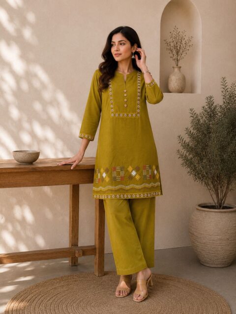 Mustard Embroidered Yoke Co-Ord Set