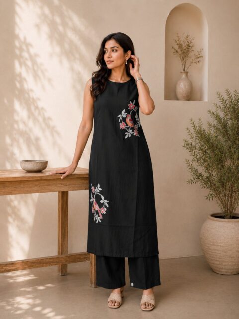 Black Bird Embroidered Sleeveless Kurta Set
