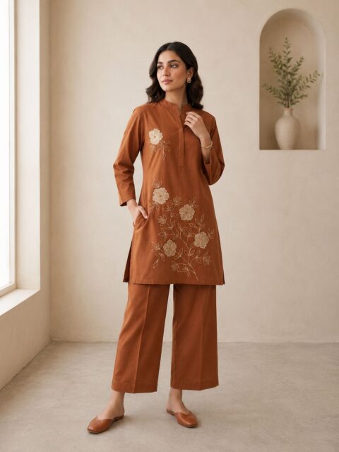 Rust Floral Embroidered Co-Ord Set